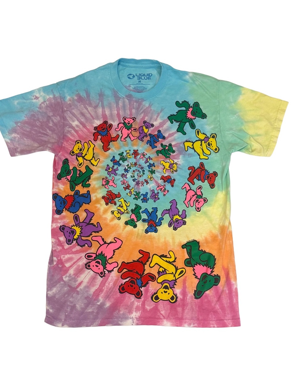 Grateful Dead Dancing Bears Spiral Tie Dye Tee Liquid Blue Pastel Rainbow M